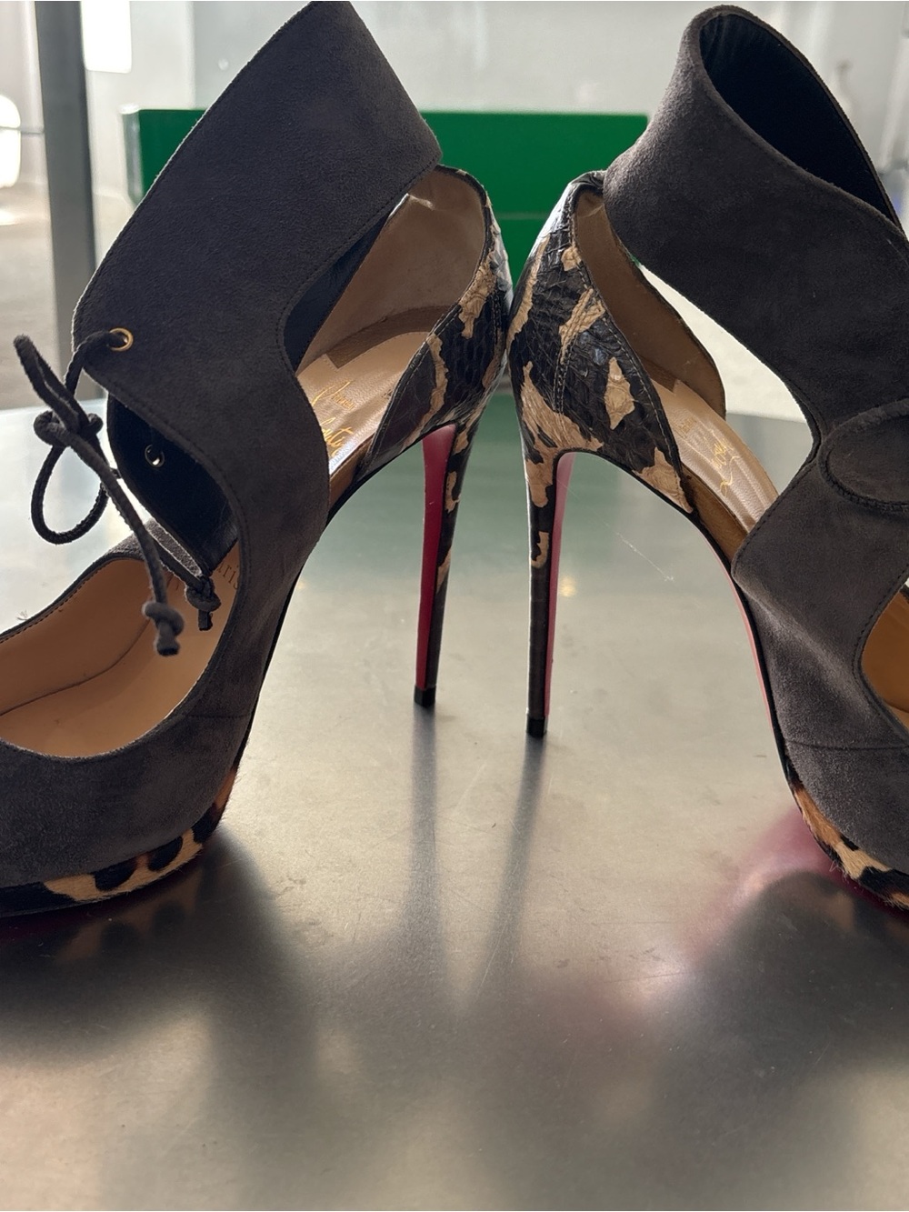 Christian Louboutin Gray Suede Platform Pumps with Leopard-Print Accents